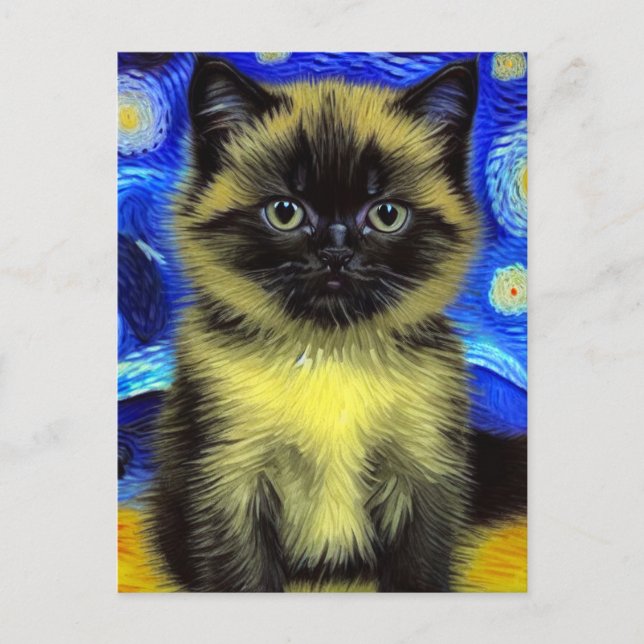 Cartão Postal Van Gogh Starry Night Siamese Cat (Frente)