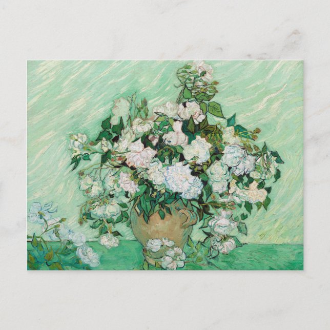 Cartão Postal Van Gogh Vase com Rosas Rosa Pintura Floral (Frente)