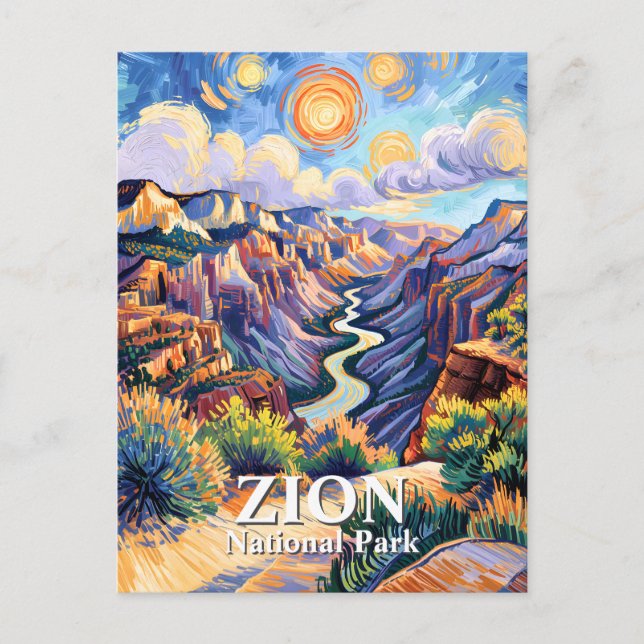 Cartão Postal Van Gogh Zion Canyon Virgin River Sunset Custom (Frente)