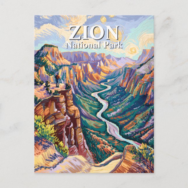 Cartão Postal Van Gogh Zion National Park Canyon River Hiking (Frente)