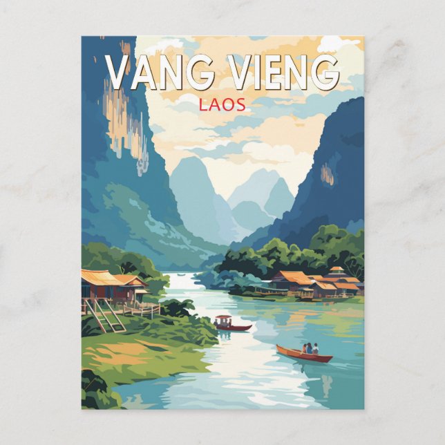 Cartão Postal Vang Vieng Laos Viagem Arte Vintage (Frente)