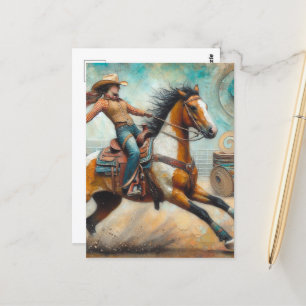 Cartão Postal Vaqueira em um Cavalo Pintado