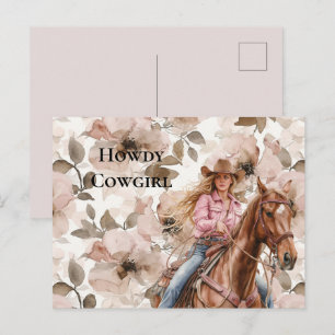 Cartão Postal Vaqueira Loira Rosa Marrom Floral do Sudoeste Como