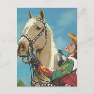 Cartão Postal Vaqueira Western Vintage e Cavalo Palomino