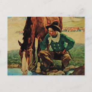 Cartão Postal Vaqueiro Regando seu Cavalo por NC Wyeth