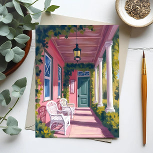 Cartão Postal Varanda Rosa Aquarela Floral do Deck Botânico