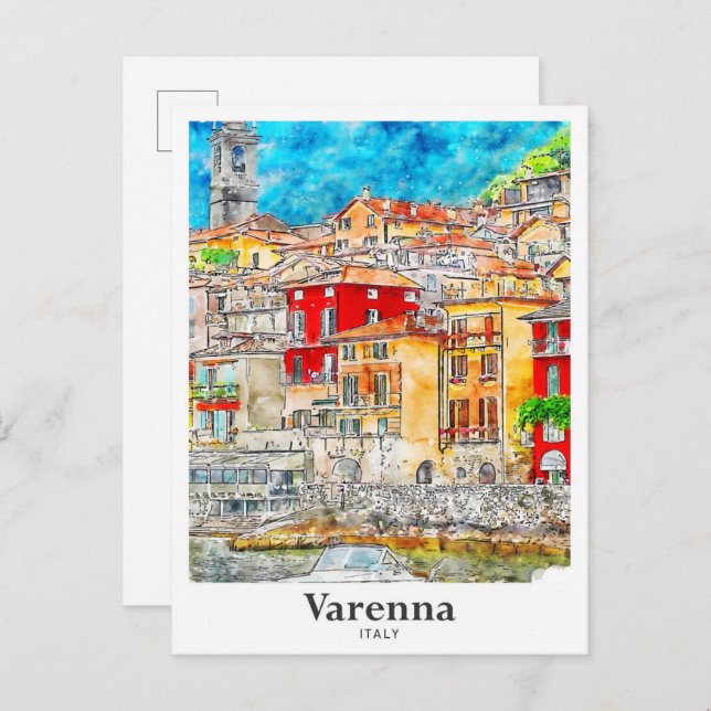 Cartão Postal Varenna Lecco Itália Viagem Watercolor Drawn (Frente/Verso)