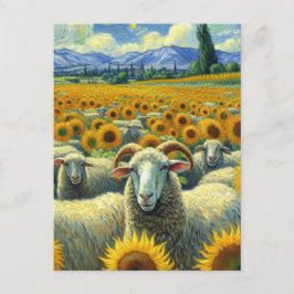 Cartão Postal Várias ovelhas no campo de girassol Van Gogh