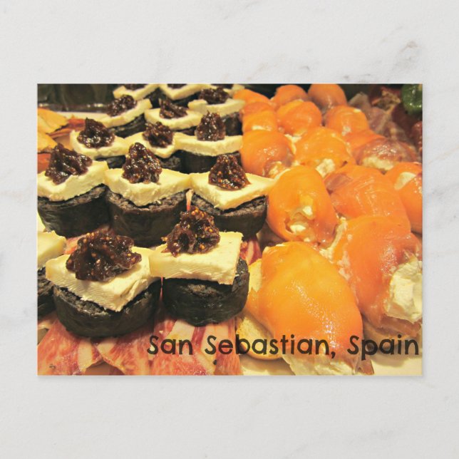 Cartão Postal Variedades deliciosas de Pinxtos em San Sebastian (Frente)