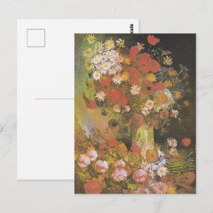 Cartão Postal Vase com flores e papoilas, peonias e crisânime