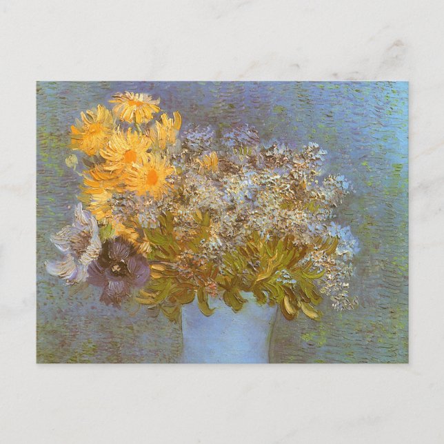 Cartão Postal Vase com Lilacs, Daisies e Anemones por Van Gogh (Frente)