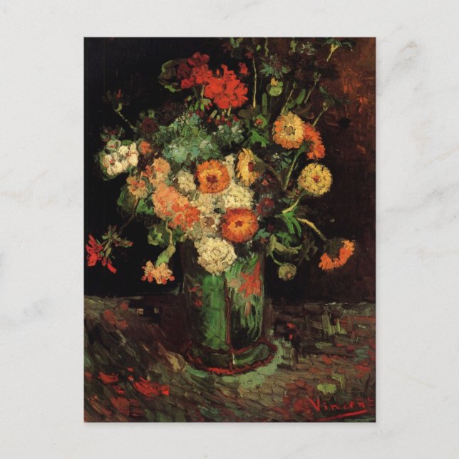 Cartão Postal Vase com Zinnias e Geraniums, Vincent van Gogh (Frente)