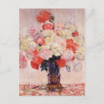 Cartão Postal Vase de Peonies Claude Monet<br><div class="desc">Cartaz com a pintura a óleo,  Vase de Peonies (1882),  de Claude Monet (1840-1926). Monet era um pintor impressionista francês. Uma vida estática mostrando um cheio de vaso de flores de pénia vermelha,  amarela e branca.</div>
