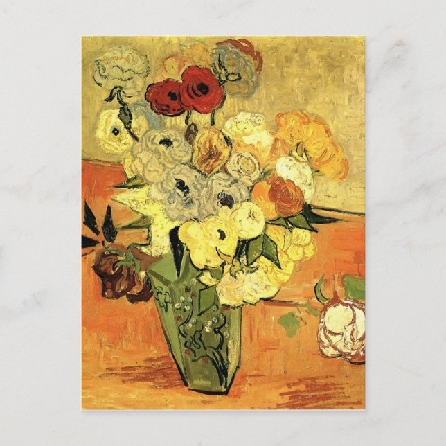 Cartão Postal Vase Japonês com Rosas e Anêmonas por van Gogh (Frente)