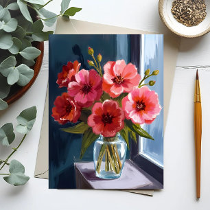 Cartão Postal Vaso de Buquê de Flores Vermelhas Pintura em Aquar