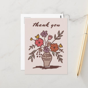 Cartão Postal Vaso de Flores Rústico Caprichoso Esboço Obrigado