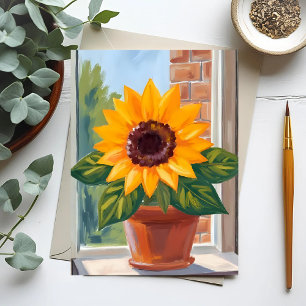 Cartão Postal Vaso de Girassol Amarelo Aquarela Floral