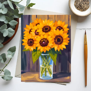 Cartão Postal Vaso de Girassol   Aquarela de Buquê de Flores Ama