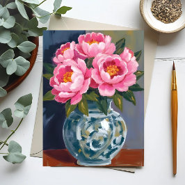 Cartão Postal Vaso de Peônia | Peônias de Flores Rosa Aquarela