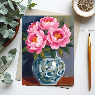 Cartão Postal Vaso de Peônia   Peônias de Flores Rosa Aquarela
