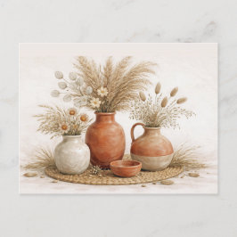 Cartão Postal Vaso de Terracota Boho Neutro com Botânica Seca