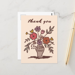 Cartão Postal Vaso Floral Rústico Caprichoso Esboço Agradeciment
