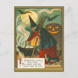 Cartão Postal Vassoura de Bruxa Caldeirão Jack O Lanterna Morceg