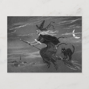 Cartão Postal Vassoura de Bruxa Monocromática Gato Preto