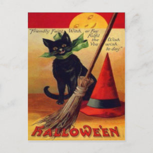 Cartão Postal Vassoura de Gato Preto Chapéu de Bruxa Lua Cheia