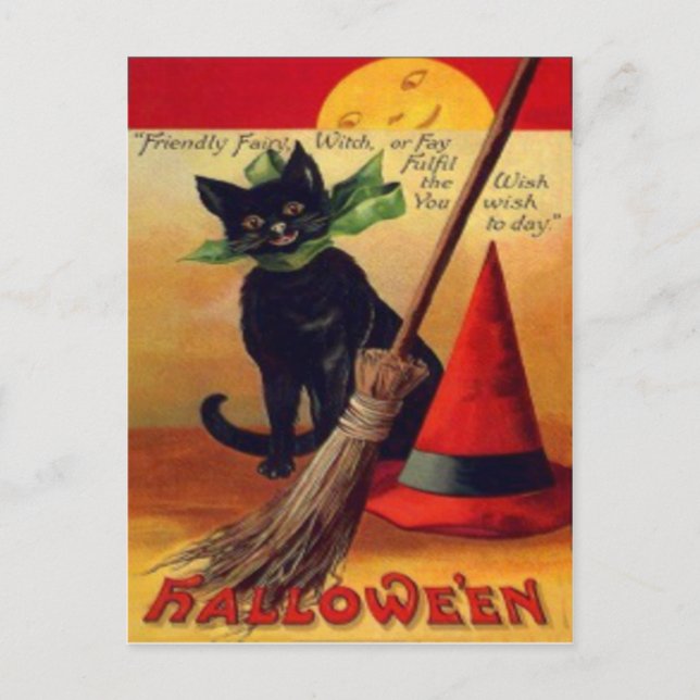 Cartão Postal Vassoura de Gato Preto Chapéu de Bruxa Lua Cheia (Frente)