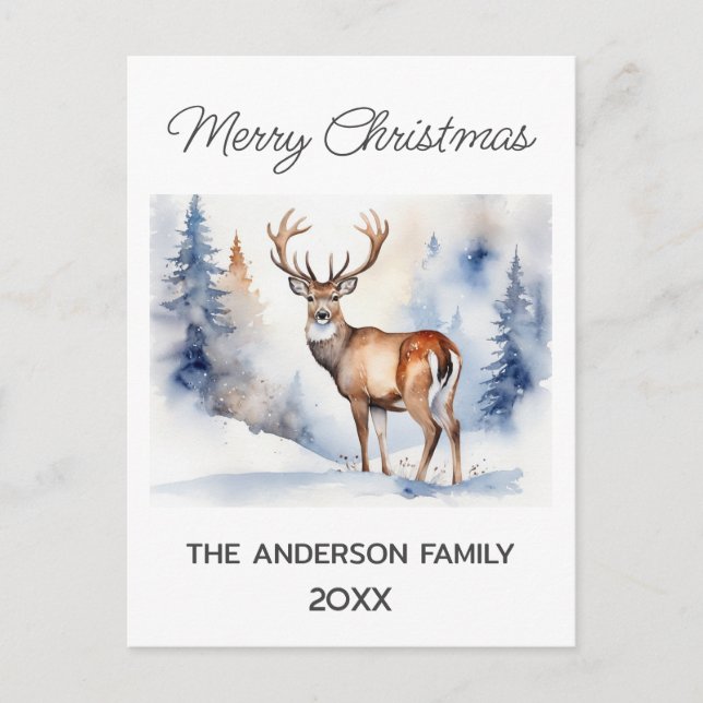 Cartão Postal Veado Na Floresta Neves Árvores De Natal Aquarela (Frente)