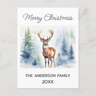 Cartão Postal Veado Na Floresta Neves Árvores De Natal Aquarela