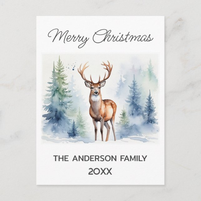 Cartão Postal Veado Na Floresta Neves Árvores De Natal Aquarela (Frente)