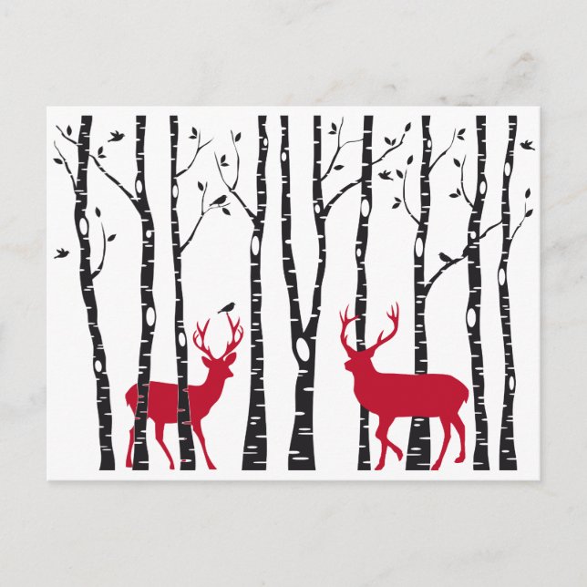 Cartão Postal Veados vermelhos na floresta de pássaros (Frente)