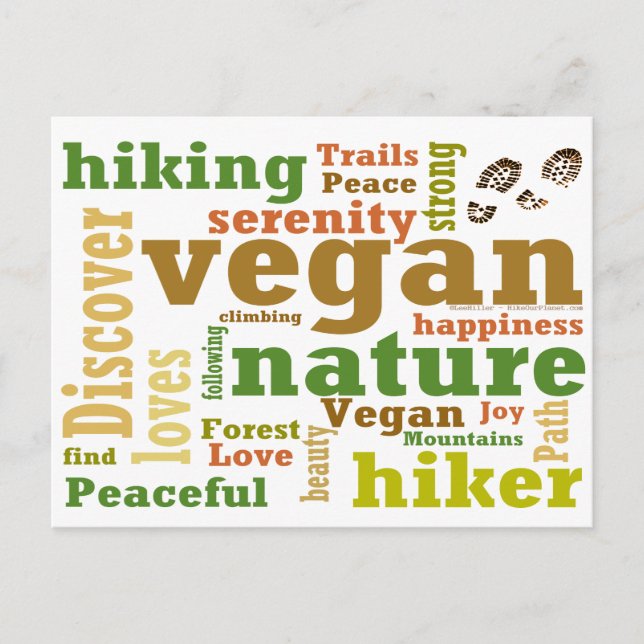 Cartão Postal Vegan Hiker Caminhando Nuvem de Palavras (Frente)