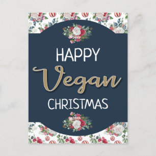 Cartão Postal Vegan Natal retro azul e dourado floral