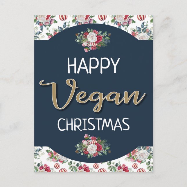 Cartão Postal Vegan Natal retro azul e dourado floral (Frente)