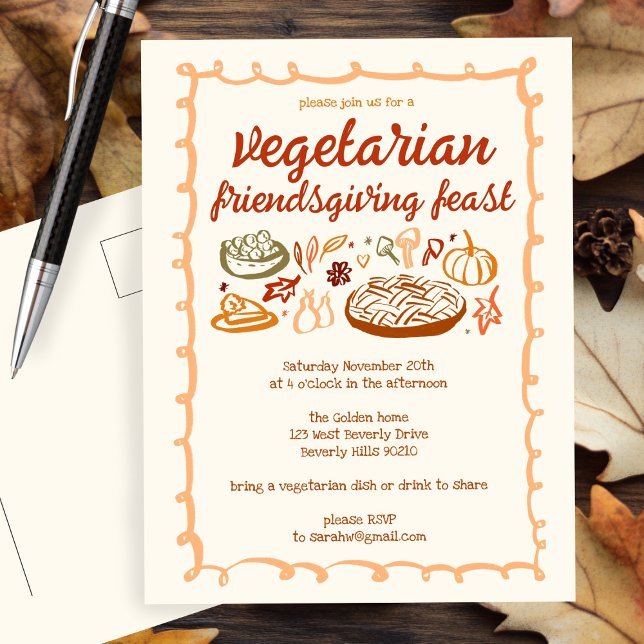 Cartão Postal VEGETARIANO Sagaz de Ação de Graças (Whimsical VEGETARIAN Thanksgiving Friendsgiving Dinner Party Invitation Custom Postcard
)