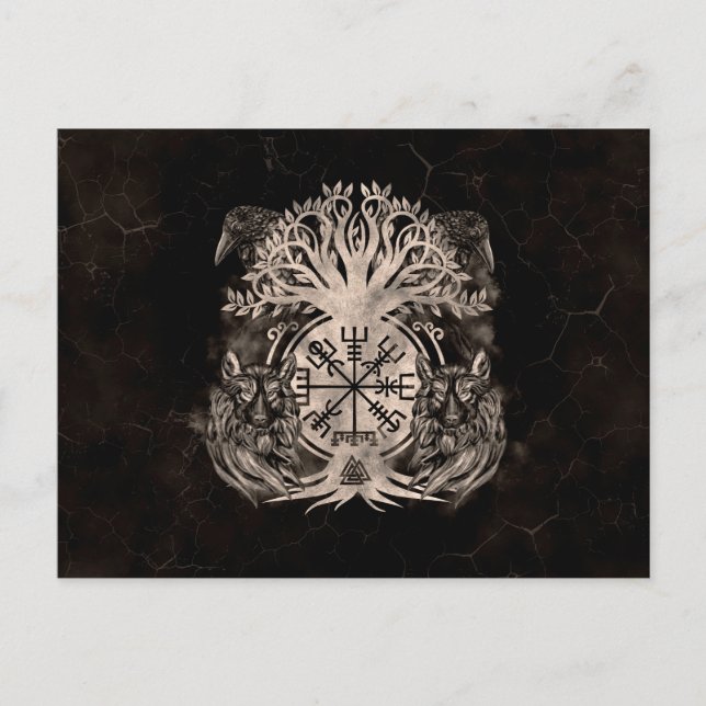 Cartão Postal Vegvisir - Yggdrasil Com Ravens E Lobos (Frente)