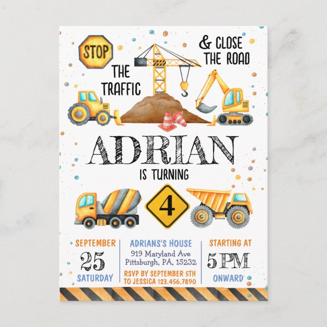 Cartão Postal Veículos de construção de aniversário em aquarela  (Frente)