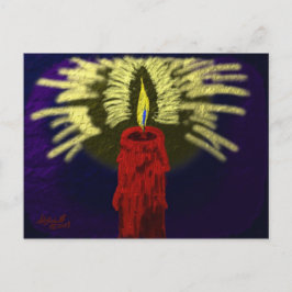 Cartão Postal vela vermelha com luz dourada, fundo azul-noturno