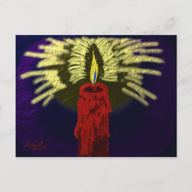 Cartão Postal vela vermelha com luz dourada, fundo azul-noturno (Frente)
