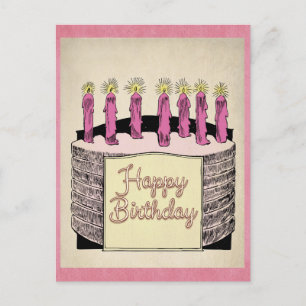 Cartão Postal Velas de Bolo de Aniversário Rosa Fofo Antigo