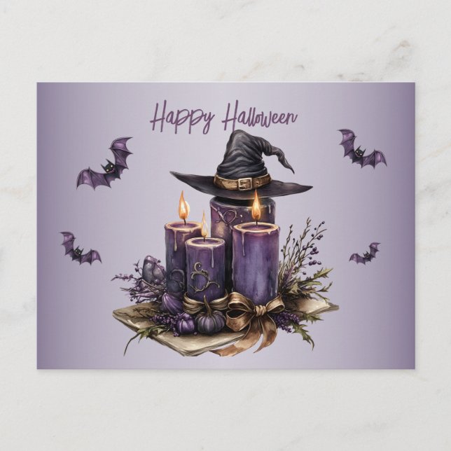 Cartão Postal Velas Roxas de Halloween Morcegos Assustadoramente (Frente)