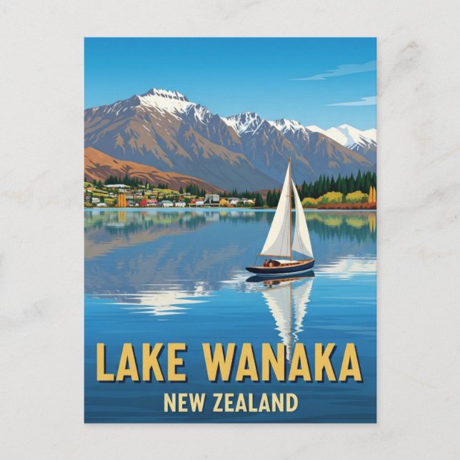 Cartão Postal veleiro no lago Wanaka Nova Zelândia (Frente)