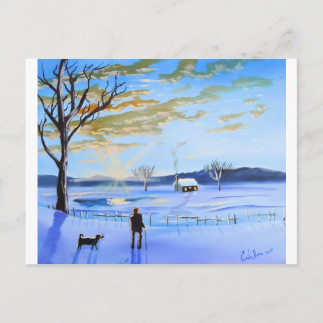 Cartão Postal Velho e seu cão pintando neve de inverno (Frente)