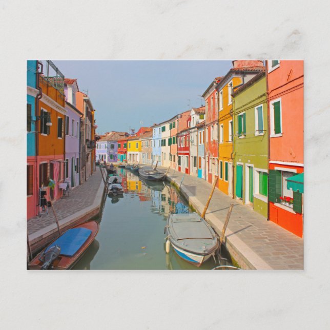Cartão Postal Veneza, canal da ilha de Burano, pequenas casas co (Frente)