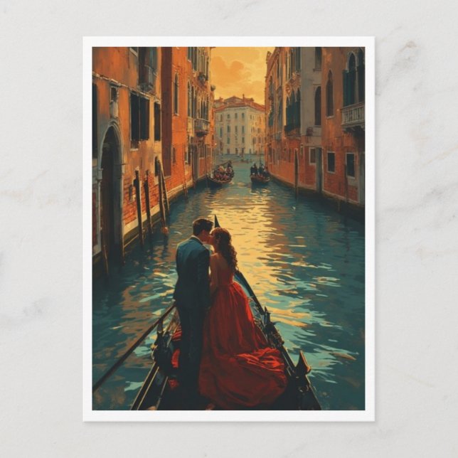 Cartão Postal Veneza Itália Amantes Gôndola Canal Romântico Cor (Frente)