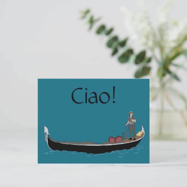 Cartão Postal Veneza, Itália Gondola e Gondolier Teal Blue Ciao (Em pé/Frente)
