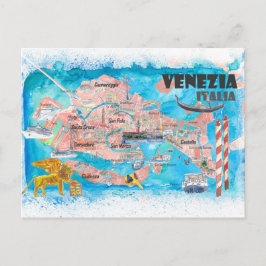Cartão Postal Veneza Itália - Mapa Ilustrado com Canais Principa